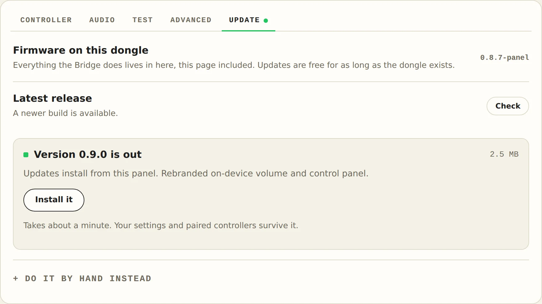 The Update tab of the Blipfrog Adapter control panel, showing the firmware version on the dongle, a Check button, and a new release with an Install it button.